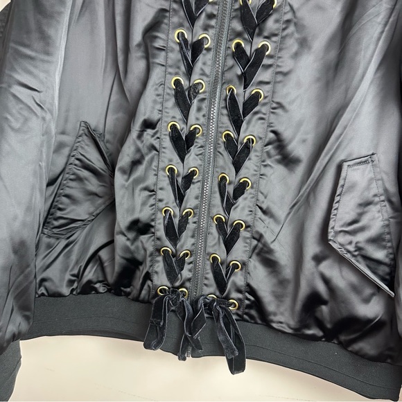 Lane Bryant Black Satin Bomber Jacket W/Velvet Lace Up Front Detail Size 18/20 - Picture 9 of 15